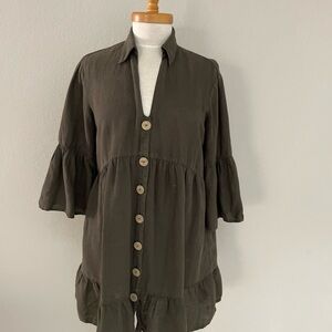 Zara Mini Dress Sz M Linen/Cotton V Neckline 3/4 Bell Sleeve Tiered Boho Peasant